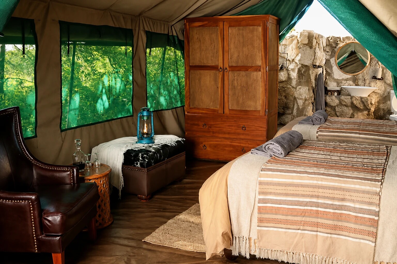 Private tented suite prepared for a Botswana hunting safari