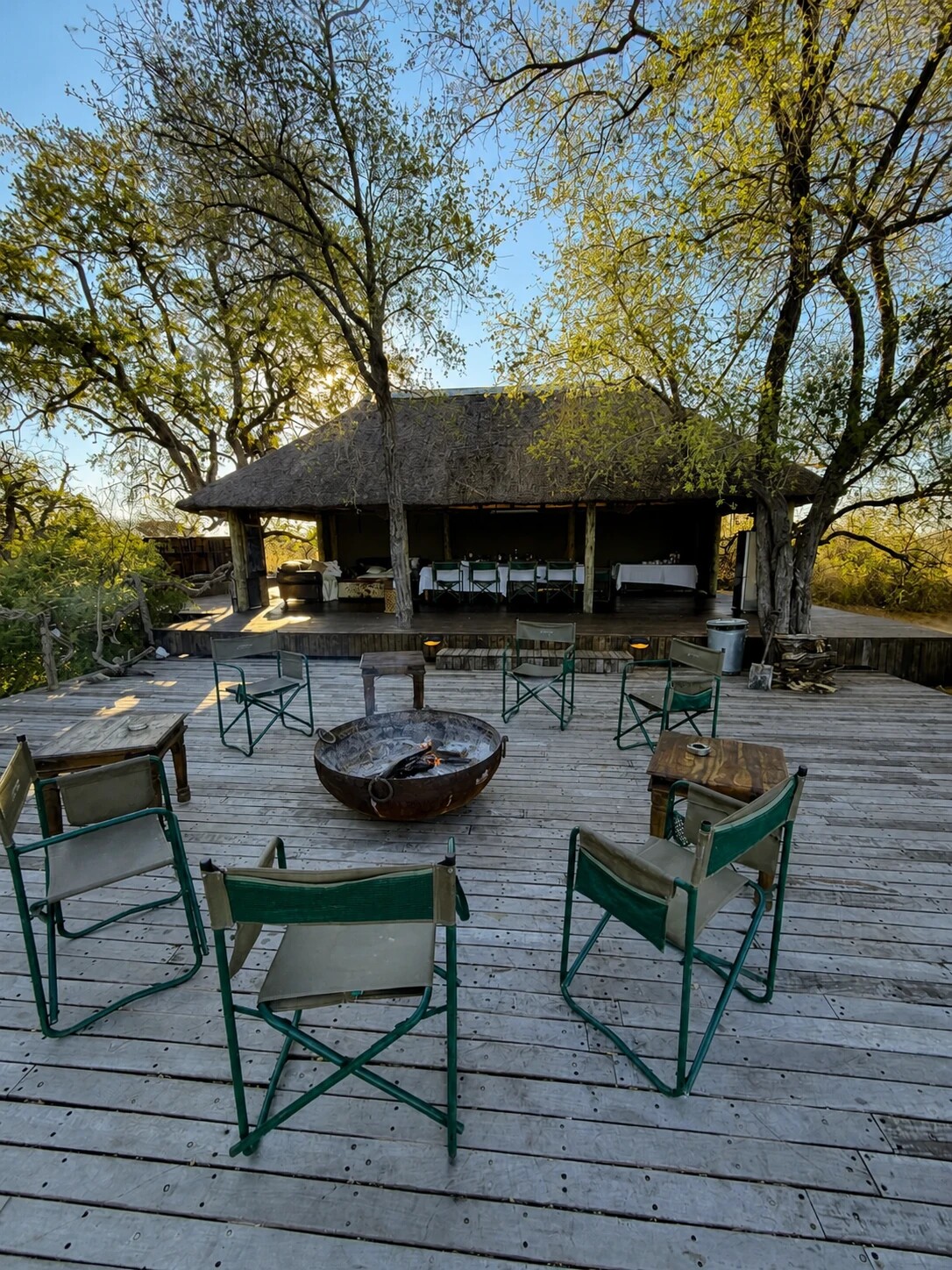 Shaded Botswana safari camp deck between field outings