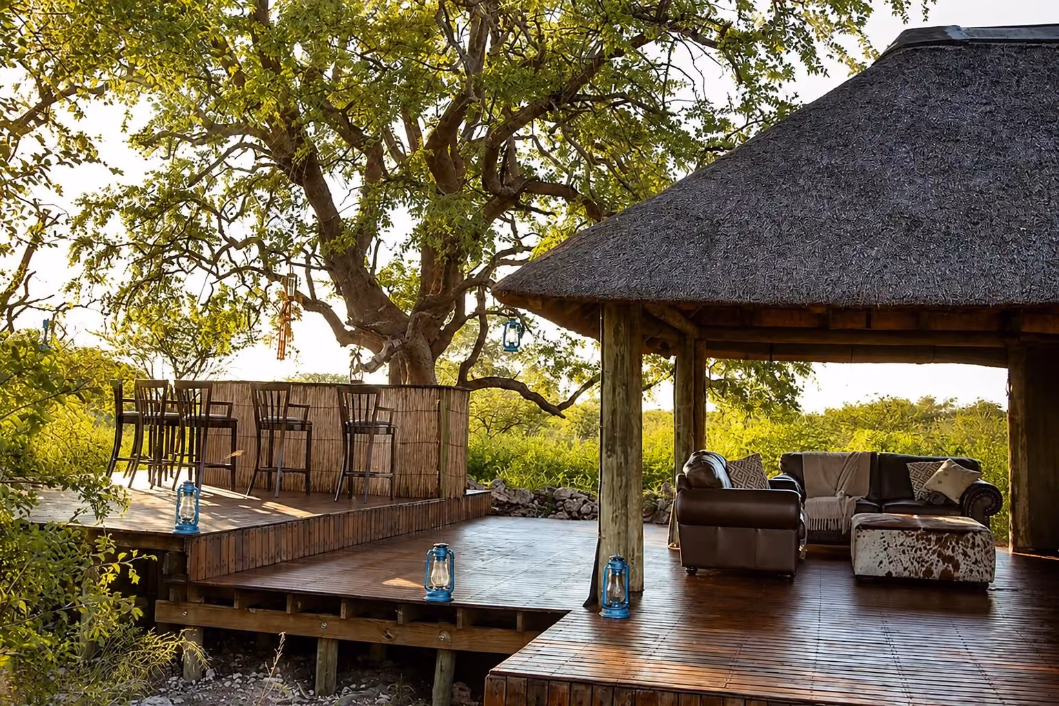 Open-sided Botswana camp pavilion overlooking the Kalahari bush