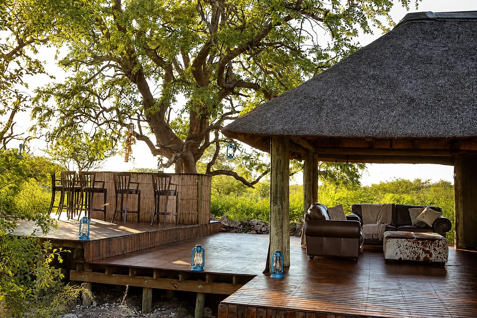 Open-sided Botswana camp pavilion overlooking the Kalahari bush