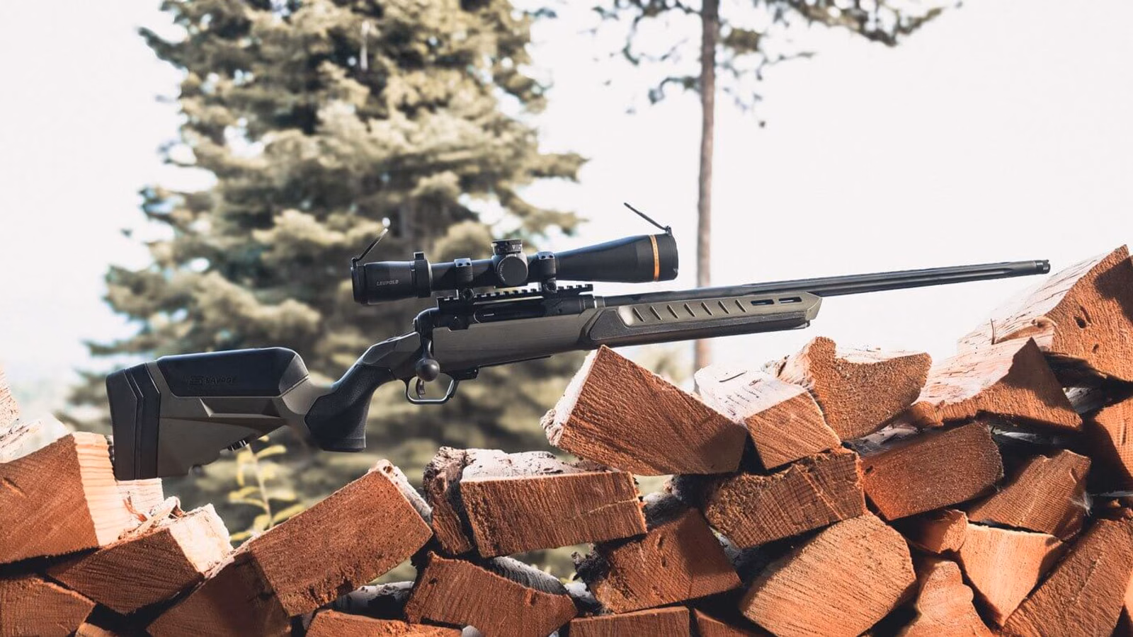 Savage 110 Core Predator hunting rifle set across a timber stack
