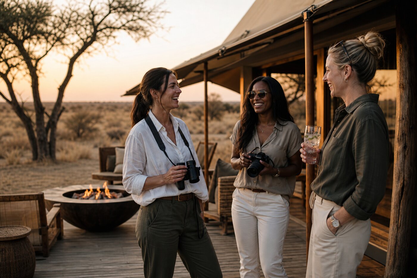 Three adult women guests enjoying golden hour at a Botswana safari camp